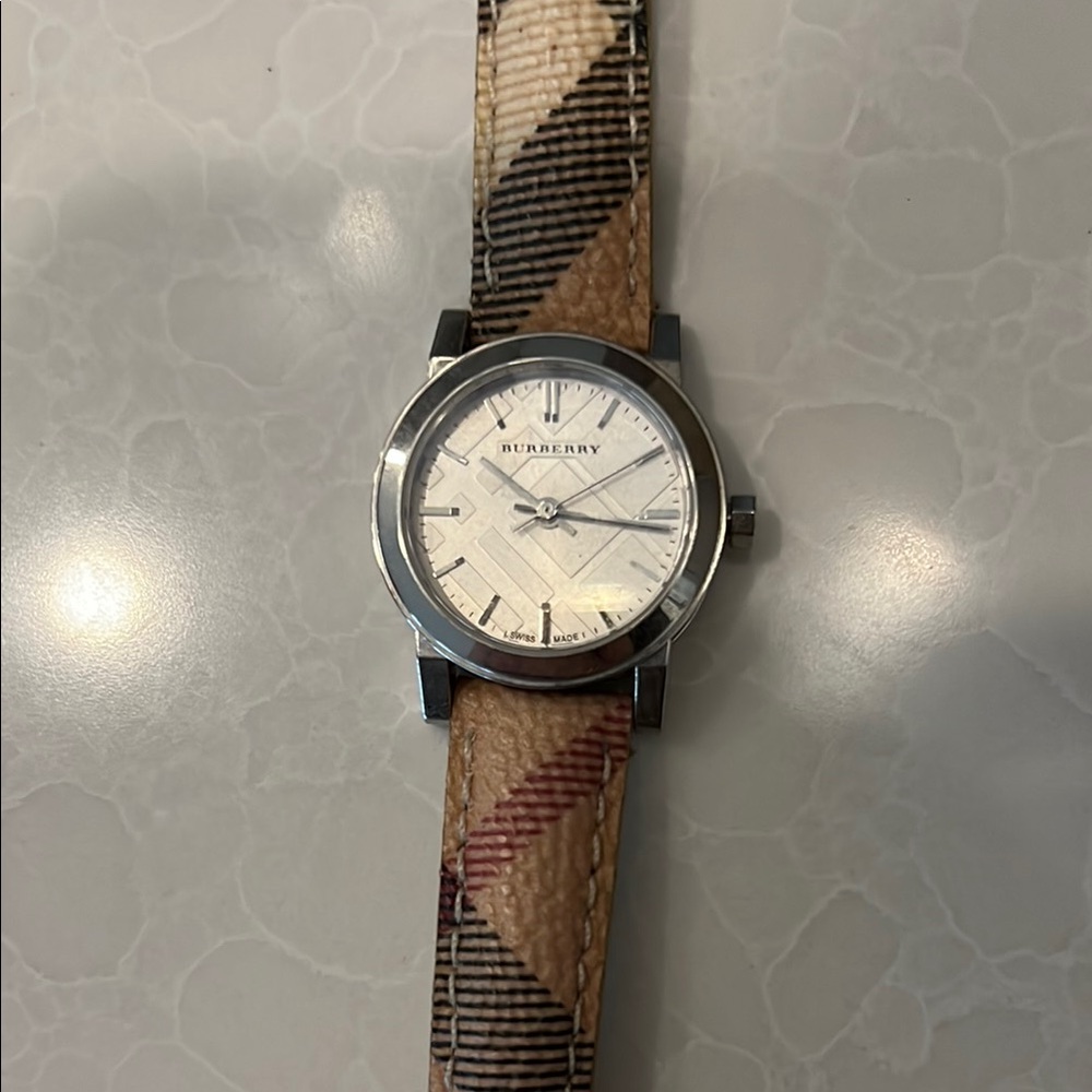 Burberry Silver Watch with Checkered Tan Strap